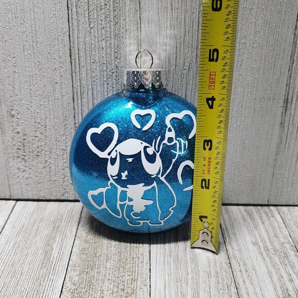 Vtg Christmas Tree Ball Ornament Ohana Stitch Design Glittered Blue Plastic 4.5" - Picture 3 of 4